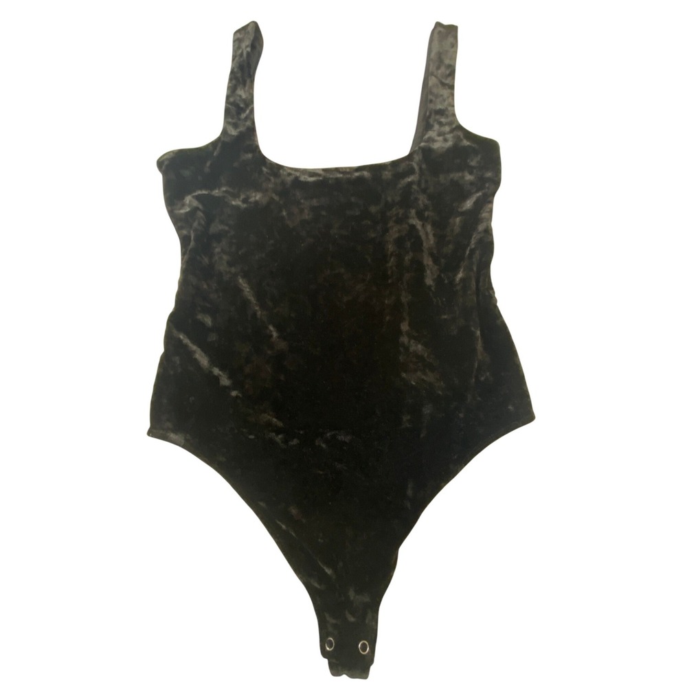 Good American Black Crushed Velvet‎ Square Neck Bodysuit GB0487 Womens XL